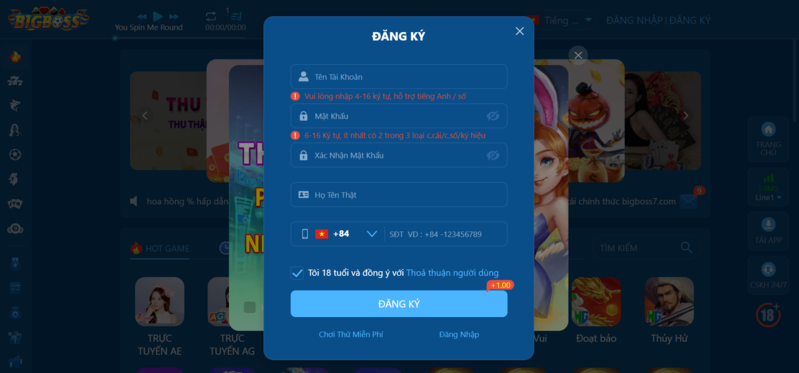 Mẫu đăng ký thông tin tạo acc game Bigboss mới