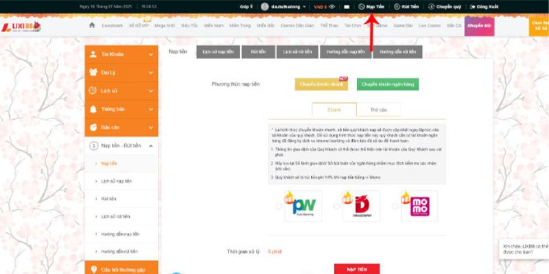 Nạp tiền Lixi888 thành công vào tài khoản cổng game trong vòng ít phút 