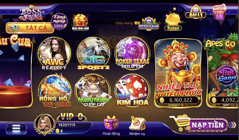 Giao diện đặc sắc tại cổng game bossfun